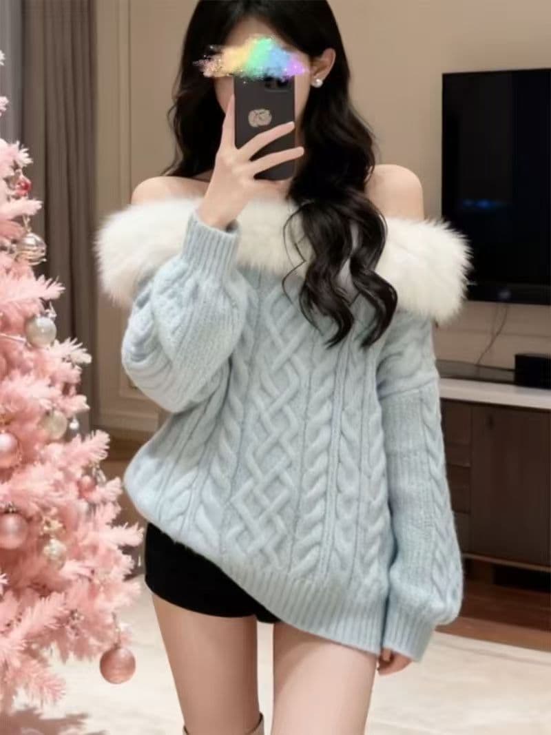 한 부서 오프숄더 모피 칼라 긴팔 스웨터 여자 가을 겨울 순수한 욕망 품격 루즈핏 슬림해 보이는 느긋한 풀오버 오프숄더 맨위 상세 이미지 5
