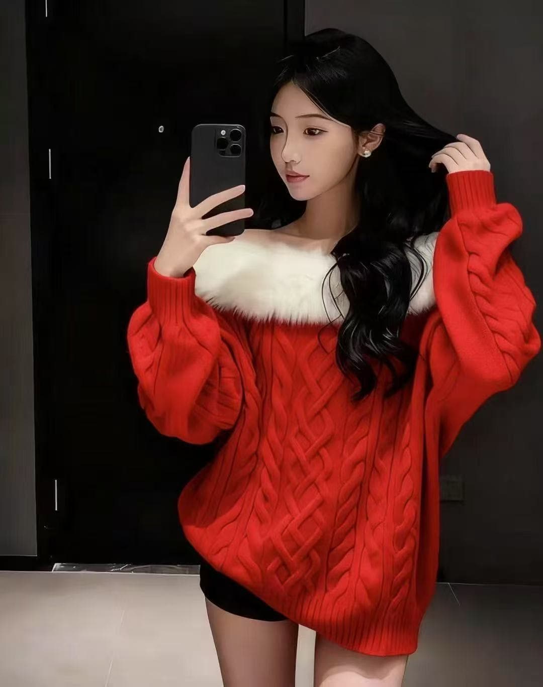 한 부서 오프숄더 모피 칼라 긴팔 스웨터 여자 가을 겨울 순수한 욕망 품격 루즈핏 슬림해 보이는 느긋한 풀오버 오프숄더 맨위 상세 이미지 8