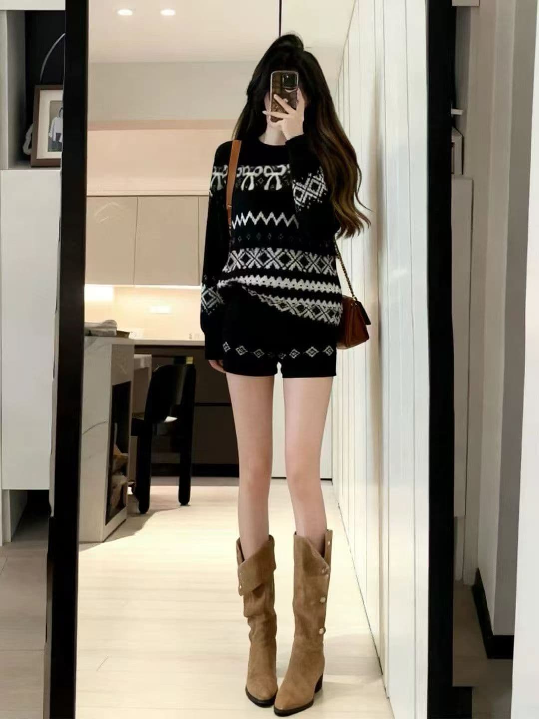 한 부서 전체 집합 분위기 센스 착용 가져 가라. 공정한 섬 자카드 스웨터 반바지 느긋한 바람 투피스 슈트 여성 이미지 3