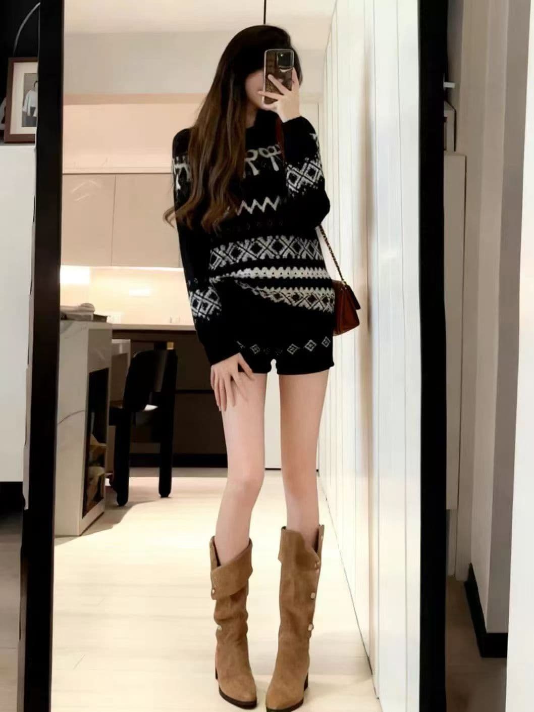 한 부서 전체 집합 분위기 센스 착용 가져 가라. 공정한 섬 자카드 스웨터 반바지 느긋한 바람 투피스 슈트 여성 상세 이미지 5