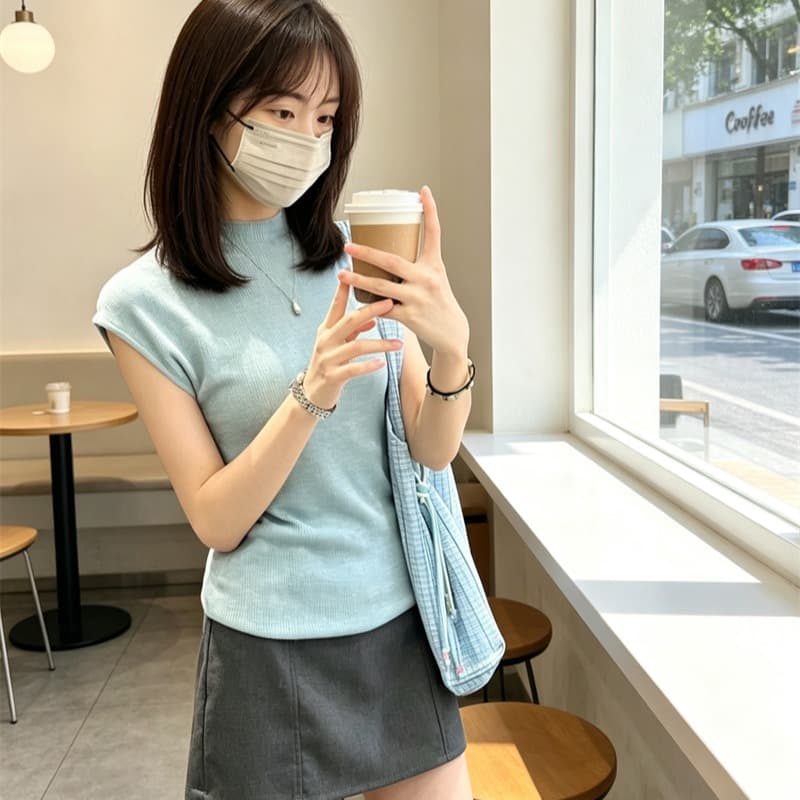 한 부서 하프 높음 라운드 넥 핫걸 파란색 조끼 티셔츠 여성 여름 긍정적 인 어깨 허리 수축 반팔 니트 스웨터 민소매 맨위 이미지 5