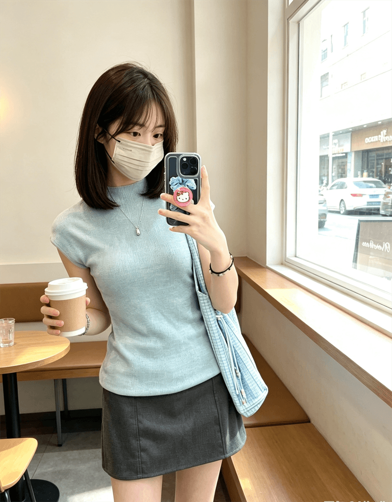한 부서 하프 높음 라운드 넥 핫걸 파란색 조끼 티셔츠 여성 여름 긍정적 인 어깨 허리 수축 반팔 니트 스웨터 민소매 맨위 상세 이미지 3