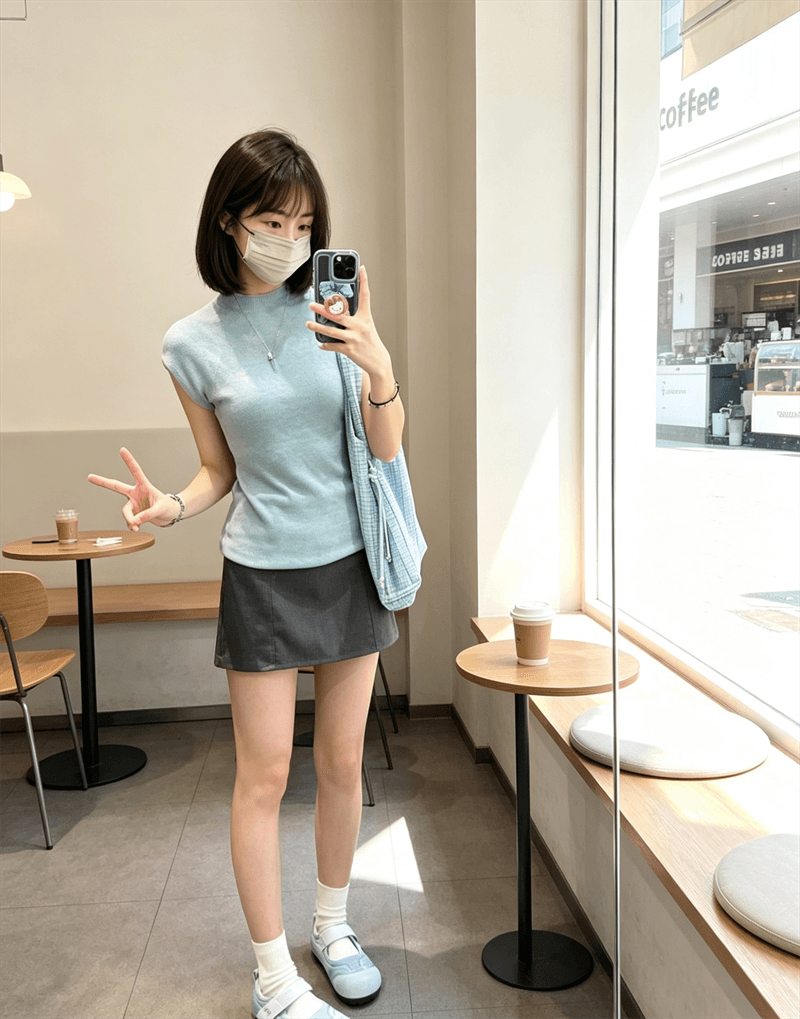 한 부서 하프 높음 라운드 넥 핫걸 파란색 조끼 티셔츠 여성 여름 긍정적 인 어깨 허리 수축 반팔 니트 스웨터 민소매 맨위 상세 이미지 5