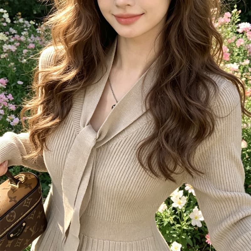 한 부서 V넥 레이스업 니트 여성 드레스 가을 겨울철 소녀 센스 품격 몸매 가꾸기 슬림해 보이는 만나는 한 마디 미니 스커트 이미지 5