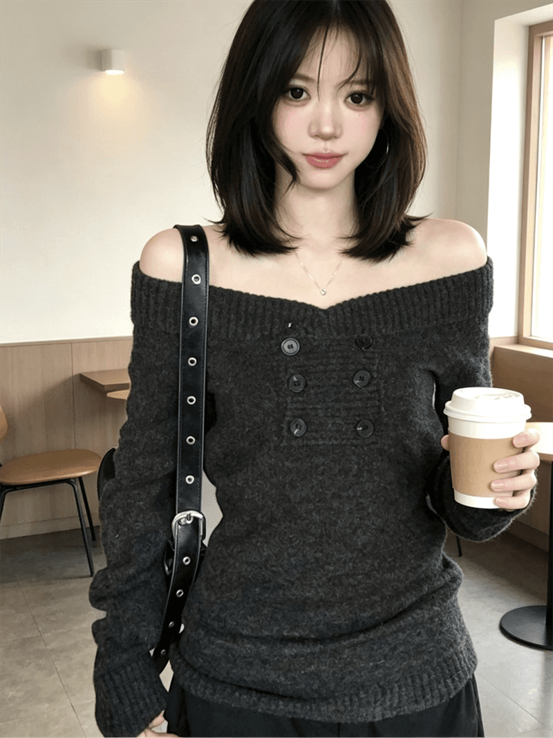 한 부서 품격 어두운 회색 오프숄더 긴팔 스웨터 여자 가을 겨울 새로운 다용도 몸매 가꾸기 슬림해 보이는 니트 스웨터 맨위 이미지 4