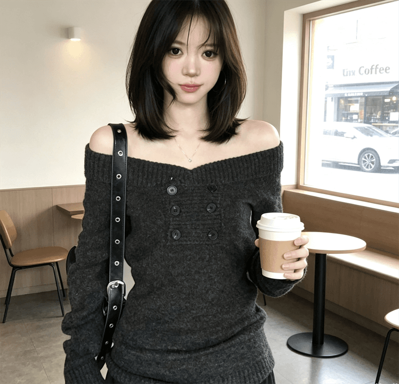 한 부서 품격 어두운 회색 오프숄더 긴팔 스웨터 여자 가을 겨울 새로운 다용도 몸매 가꾸기 슬림해 보이는 니트 스웨터 맨위 상세 이미지 1