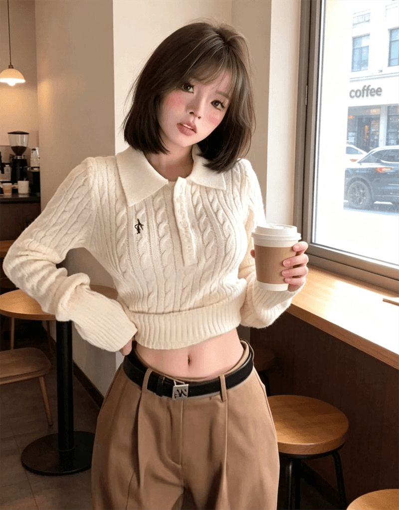 한 부서 레트로 폴로 칼라 꽈배기 풀오버 스웨터 여자 허리 수축 슬림해 보이는 다용도 니트 스웨터 맨위 이미지 2