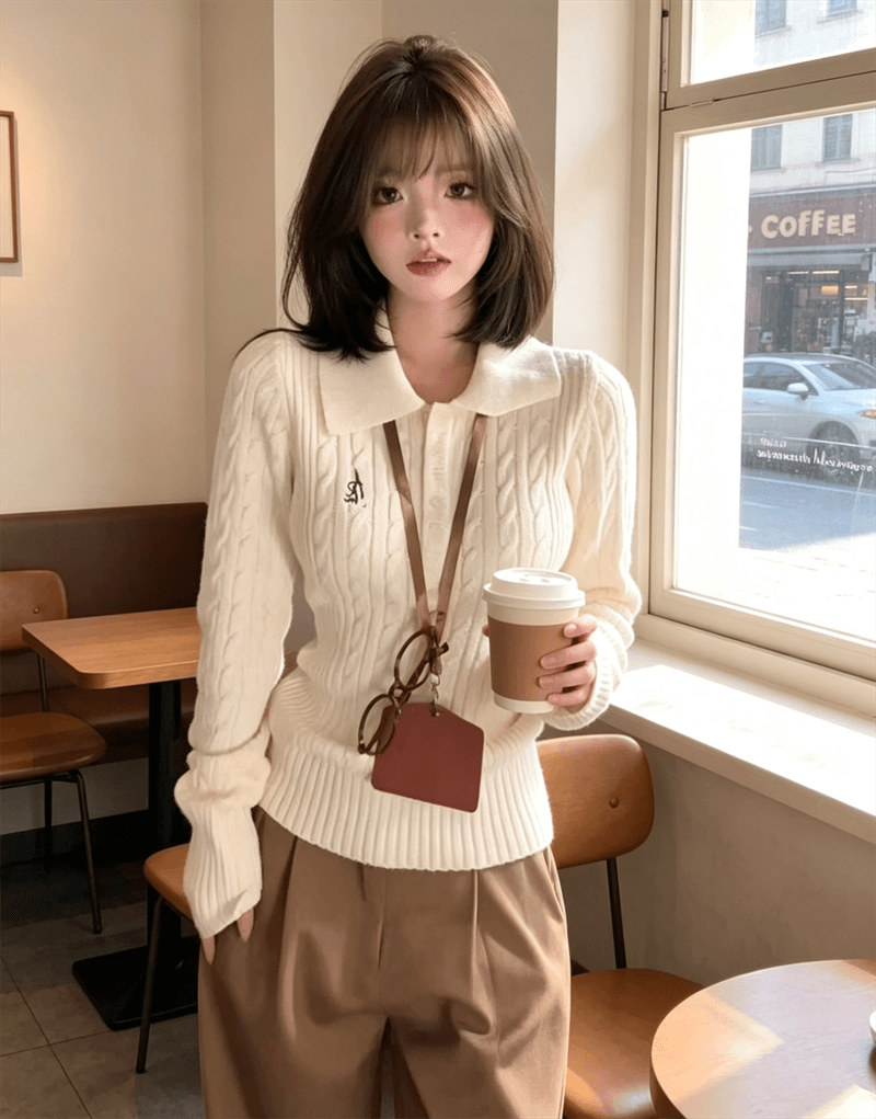 한 부서 레트로 폴로 칼라 꽈배기 풀오버 스웨터 여자 허리 수축 슬림해 보이는 다용도 니트 스웨터 맨위