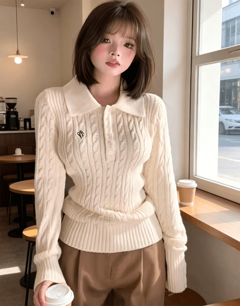 한 부서 레트로 폴로 칼라 꽈배기 풀오버 스웨터 여자 허리 수축 슬림해 보이는 다용도 니트 스웨터 맨위 이미지 3