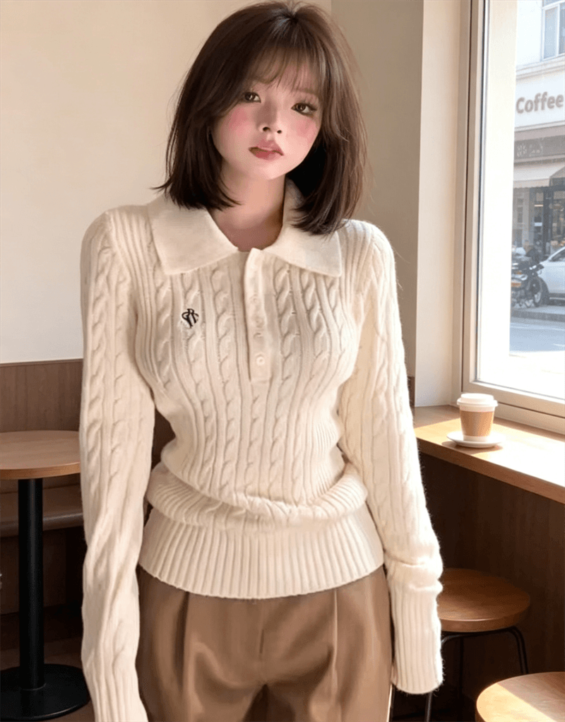 한 부서 레트로 폴로 칼라 꽈배기 풀오버 스웨터 여자 허리 수축 슬림해 보이는 다용도 니트 스웨터 맨위 상세 이미지 2