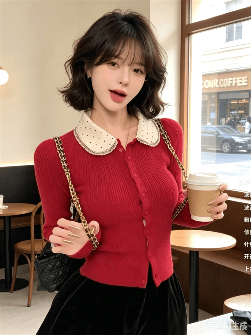 한 부서 달콤함 빨간색 도트 무늬 레이스 귀여운 베이비 칼라 니트 오픈 가디건 맨위