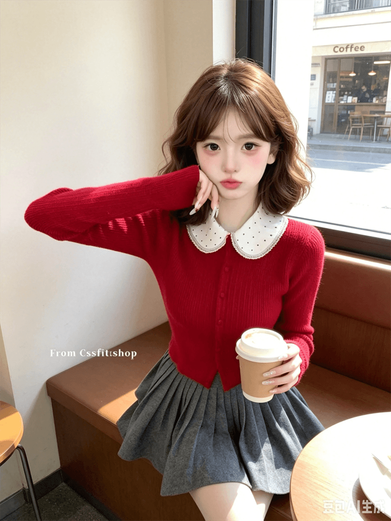한 부서 달콤함 빨간색 도트 무늬 레이스 귀여운 베이비 칼라 니트 오픈 가디건 맨위 상세 이미지 3