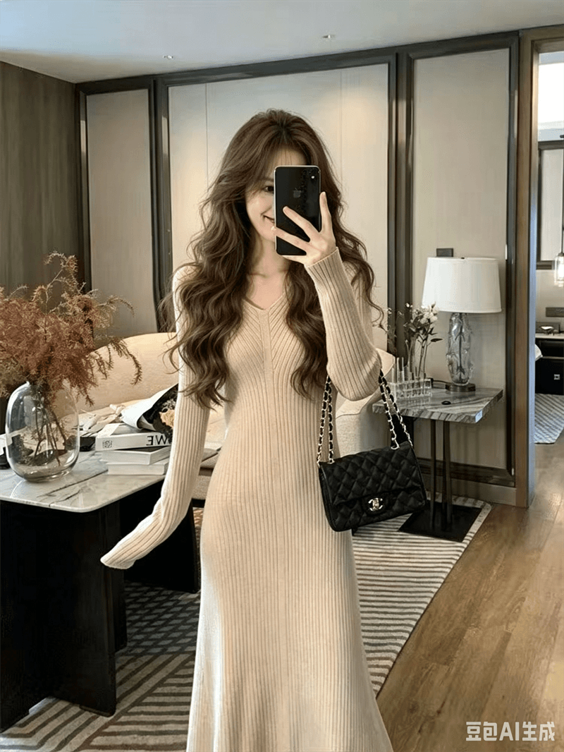 한 부서 슬림해 보이는 V넥 니트 여성 드레스 가을 겨울철 몸매 가꾸기 품격 인사이드 가져 가라. 예쁜 스웨터 타이트 스커트 인어 꼬리 스커트 이미지 3