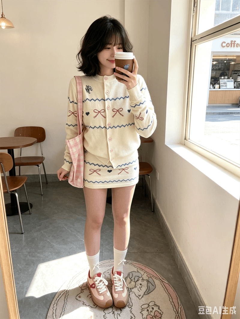 자이언트 잘 생긴 가을 겨울 ootd 착용 가져 가라. 전체 집합 공정한 섬 바람 스웨터 니트 오픈 가디건 미니 스커트 작은 키 투피스 세트 이미지 3