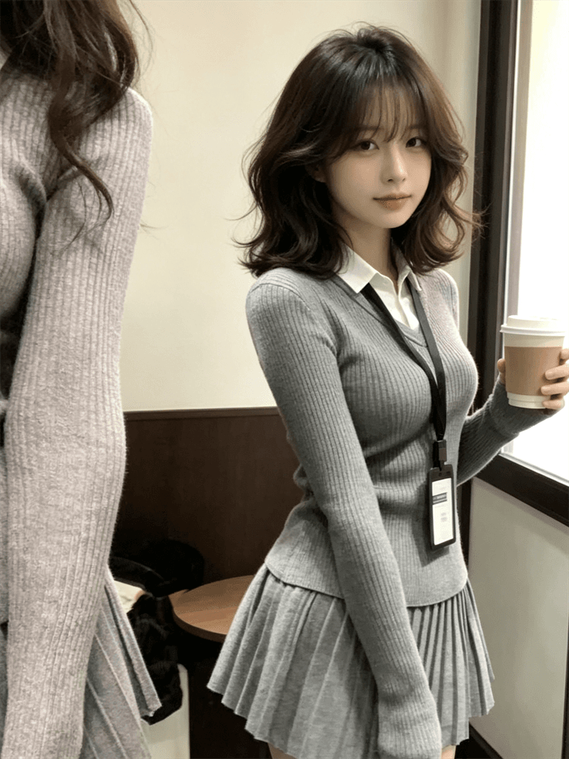 한 부서 천 골드 학원 스타일 페이크 레이어드 니트 스웨터 맨위 한 마디 반신 스커트 여성 가을 겨울 착용 가져 가라. 작은 키 세트 상세 이미지 1