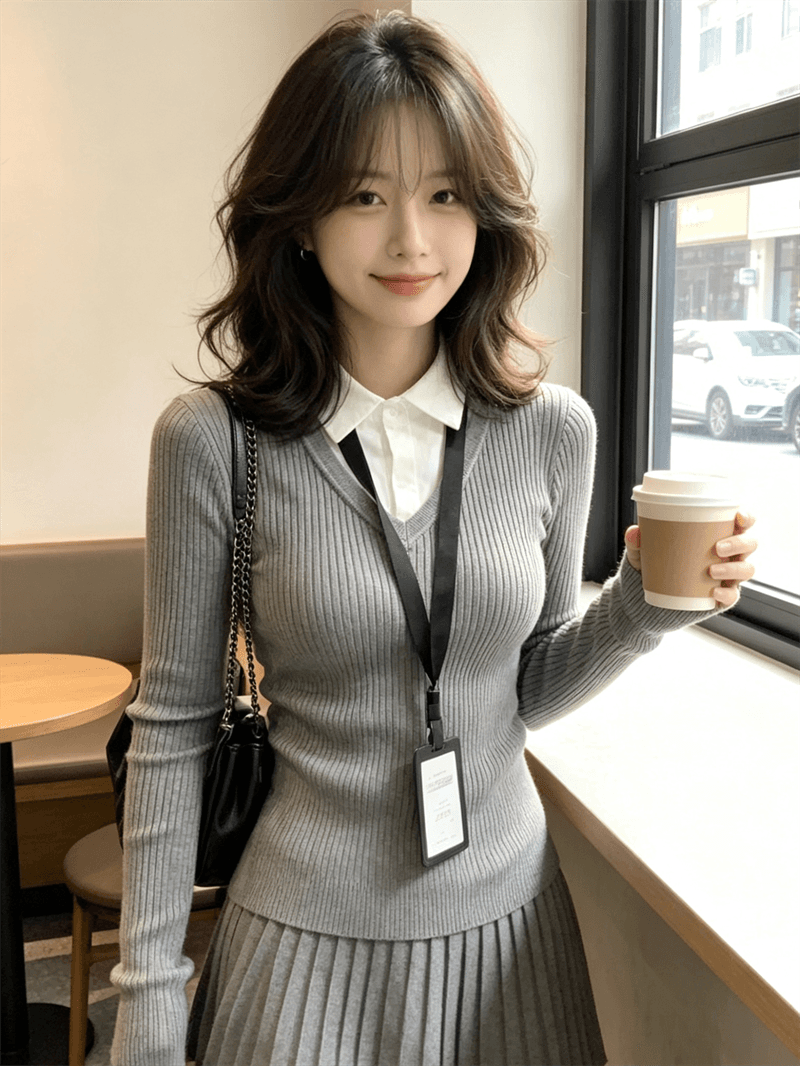 한 부서 천 골드 학원 스타일 페이크 레이어드 니트 스웨터 맨위 한 마디 반신 스커트 여성 가을 겨울 착용 가져 가라. 작은 키 세트 상세 이미지 2