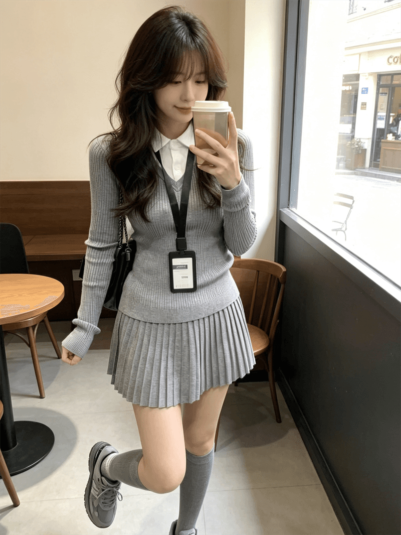 한 부서 천 골드 학원 스타일 페이크 레이어드 니트 스웨터 맨위 한 마디 반신 스커트 여성 가을 겨울 착용 가져 가라. 작은 키 세트 상세 이미지 3