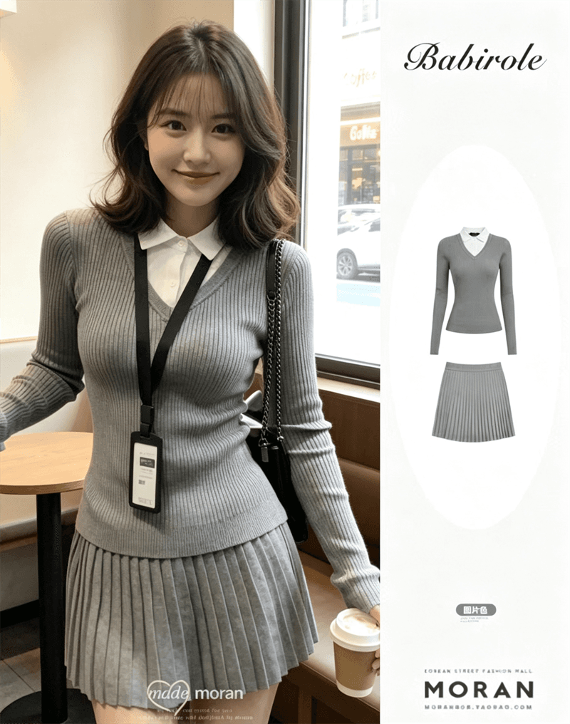 한 부서 천 골드 학원 스타일 페이크 레이어드 니트 스웨터 맨위 한 마디 반신 스커트 여성 가을 겨울 착용 가져 가라. 작은 키 세트 상세 이미지 4