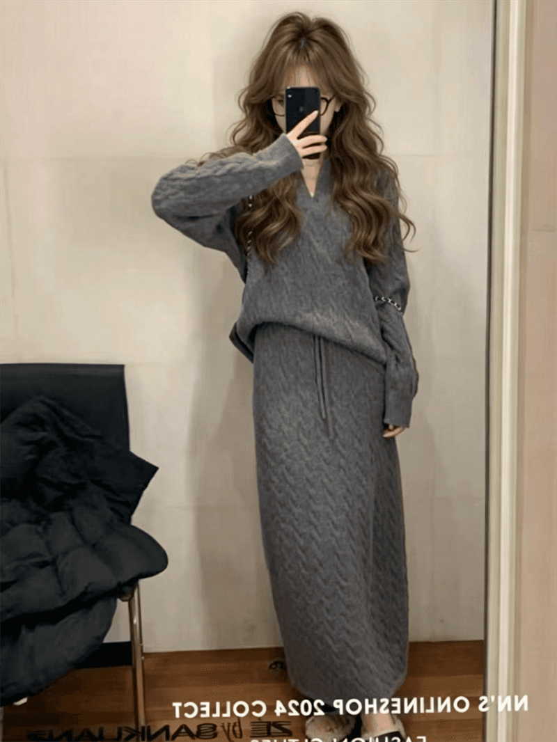 한 부서 느긋한 바람 POLO 칼라 자수 두꺼운 바늘 트위스트 꽃 루즈핏 스웨터 반신 롱 스커트 투피스 세트 이미지 3
