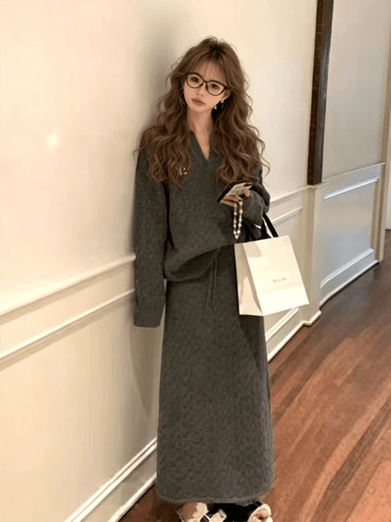 한 부서 느긋한 바람 POLO 칼라 자수 두꺼운 바늘 트위스트 꽃 루즈핏 스웨터 반신 롱 스커트 투피스 세트 상세 이미지 2