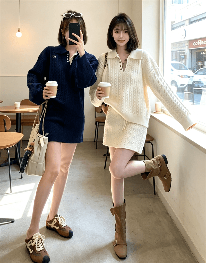 2026 한 부서 느긋한 루즈핏 다용도 꽈배기 폴로 칼라 단추 스웨터 하이웨이스트 미니 스커트 투피스 세트 세트 여성 이미지 3