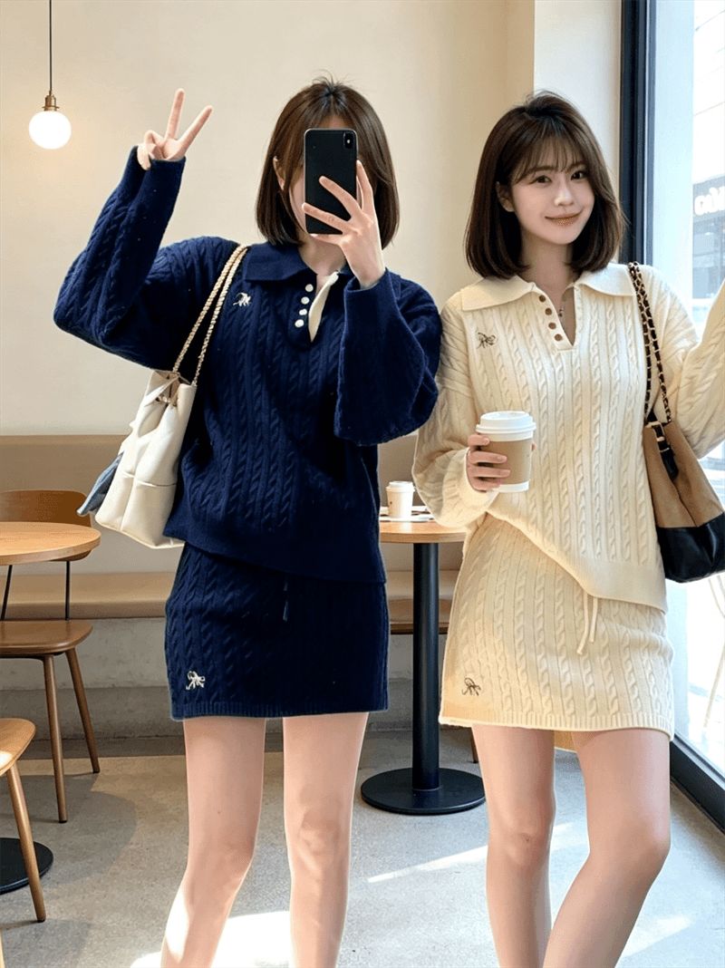 2026 한 부서 느긋한 루즈핏 다용도 꽈배기 폴로 칼라 단추 스웨터 하이웨이스트 미니 스커트 투피스 세트 세트 여성 상세 이미지 5