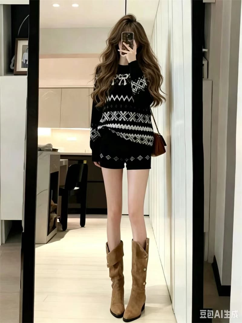 한 부서 전체 집합 분위기 센스 착용 가져 가라. 공정한 섬 자카드 스웨터 반바지 느긋한 바람 투피스 슈트 여성 상세 이미지 3
