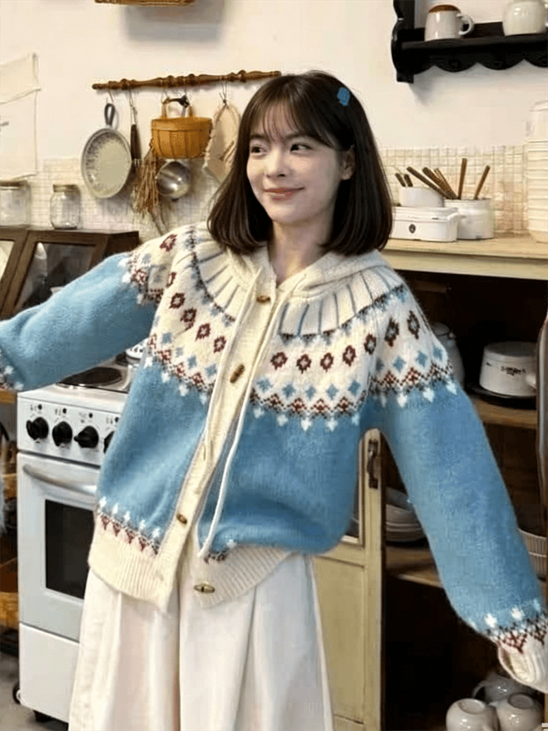 한국 스타일 공정한 섬 후드 펌프 로프 배색 자카드 스웨터 여성 코트 봄 가을 겨울 두꺼운 캐주얼 니트 스웨터 오픈 가디건