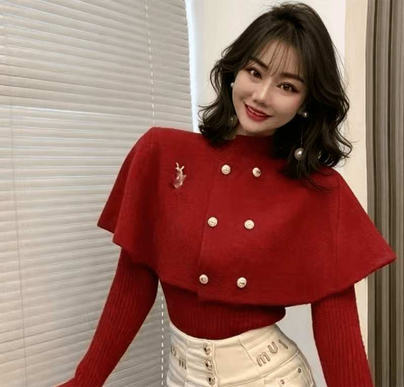 한 부서 분위기 센스 크리스마스 신년 빨간색 망토 스웨터 여자 가을 겨울 니트 기본 셔츠 투피스 세트 상세 이미지 4