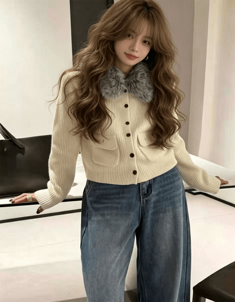한 부서 탈착식 모피 칼라 니트 오픈 가디건 여성 가을 겨울 세련된 주머니 디자인 스웨터 상세 이미지 4