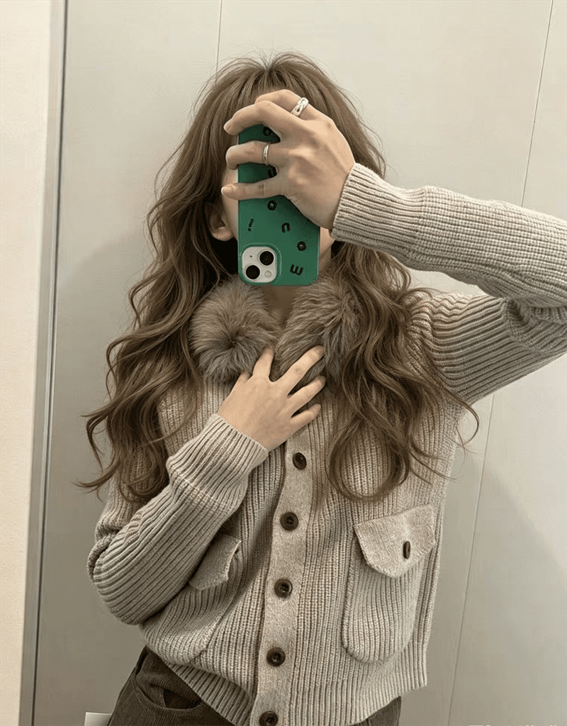 한 부서 탈착식 모피 칼라 니트 오픈 가디건 여성 가을 겨울 세련된 주머니 디자인 스웨터 상세 이미지 5