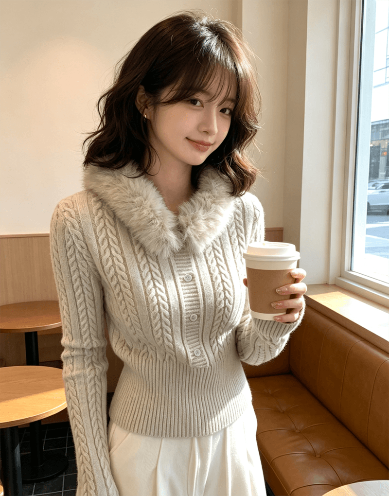 한 부서 미니멀리즘 빨간색 품격 다용도 슬림해 보이는 니트 스웨터 탈착식 모피 칼라 꽈배기 보온 스웨터 여자 이미지 4