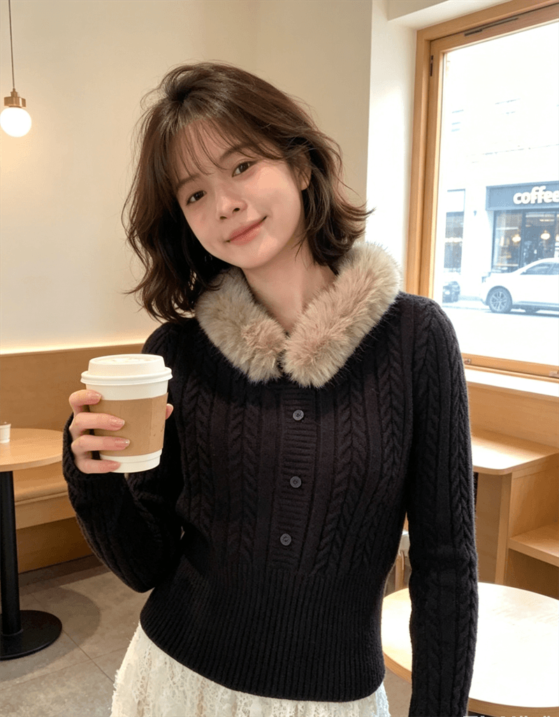 한 부서 미니멀리즘 빨간색 품격 다용도 슬림해 보이는 니트 스웨터 탈착식 모피 칼라 꽈배기 보온 스웨터 여자 상세 이미지 2