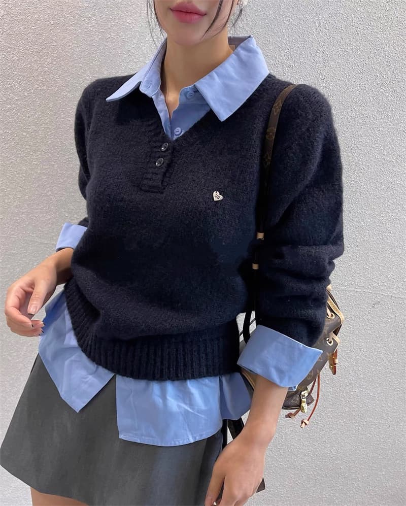 한국 chic 이른 봄 페이크 레이어드 POLO 칼라 학원 스타일 연령 감소 스웨터 한 부서 루즈핏 느긋한 니트 스웨터 맨위 상세 이미지 2