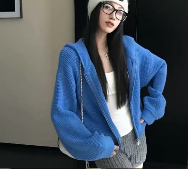 한 부서 후드 더블 지퍼 단색 니트 오픈 가디건 여성 가을 겨울 새로운 루즈핏 다용도 품격 스웨터 코트 이미지 2