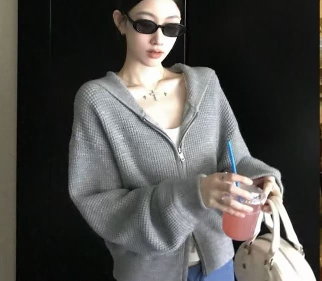 한 부서 후드 더블 지퍼 단색 니트 오픈 가디건 여성 가을 겨울 새로운 루즈핏 다용도 품격 스웨터 코트 상세 이미지 5