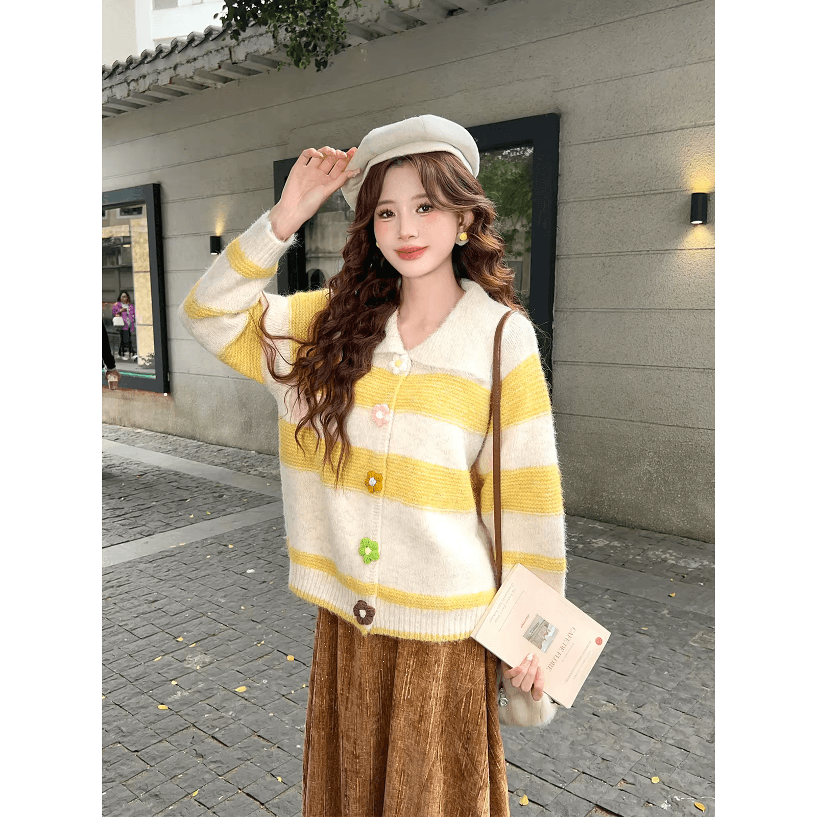 일몰 유 원 디자인 센스 배색 스트라이프 폴로 칼라 니트 오픈 가디건 여성 겨울 다용도 스웨터 이미지 2
