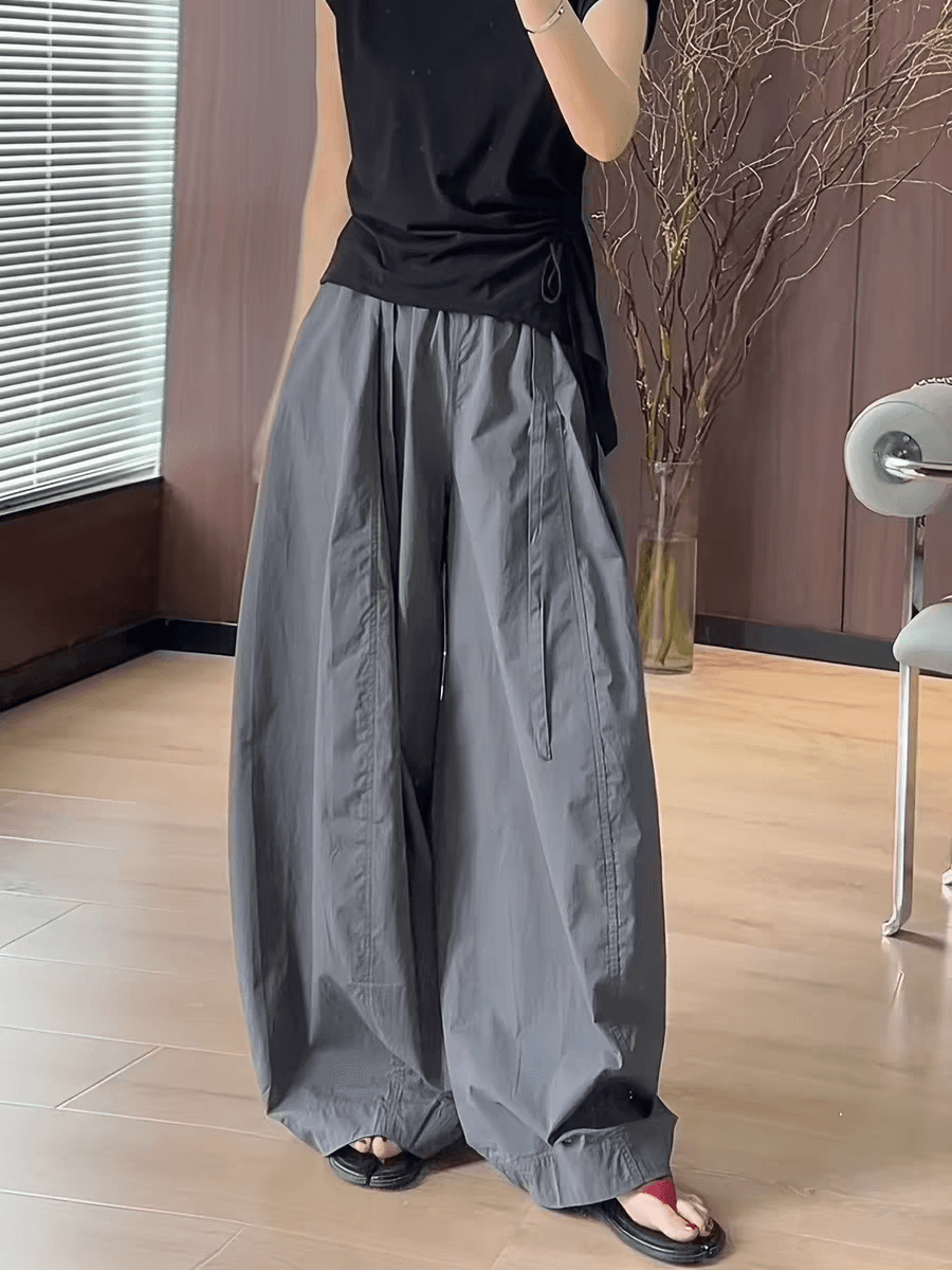아메리칸 느긋한 느슨함 센스 회색 바지 아이들 여름 얇은 스타일 2026 새로운 하이웨이스트 도루 센스 루즈핏 모통이 칼 와이드 레그 팬츠 이미지 2
