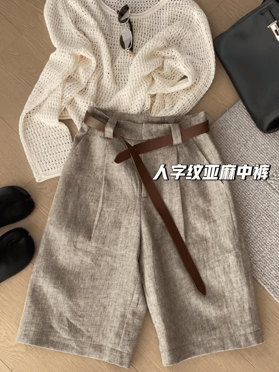원본 추천 자이언트 자이언트 그레이트 착용 가져 오기 아마 헤링본 곡물 오래된 돈 바람 정장 바지 여성 하이웨이스트 반바지 상세 이미지 1