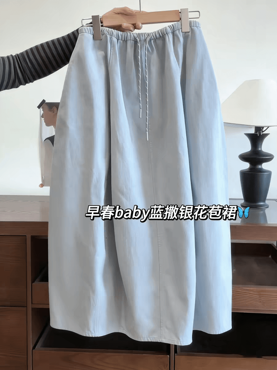원본 추천 baby 블루 뿌리다 은 꽃밭 치마 여성 봄 여름 새로운 3 차원 자르기 허리밴드 펌프 로프 반신 스커트 이미지 2