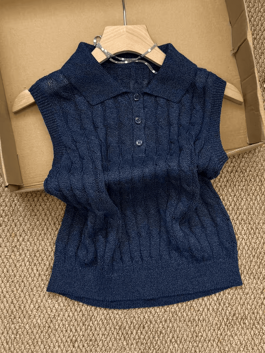 원본 추천 오래된 돈 바람과 종이 실 레트로 POLO 칼라 꽈배기 민소매 니트 스웨터 여성 뒤집다 측면 조끼 맨위 이미지 4