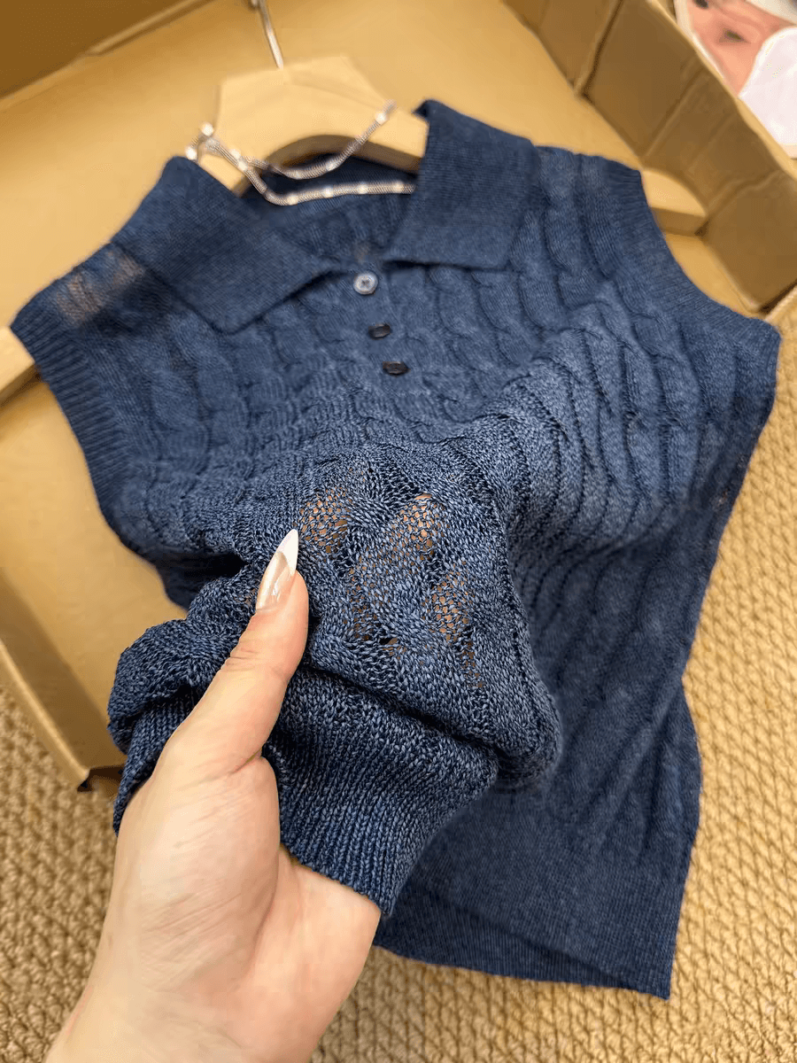원본 추천 오래된 돈 바람과 종이 실 레트로 POLO 칼라 꽈배기 민소매 니트 스웨터 여성 뒤집다 측면 조끼 맨위 상세 이미지 1