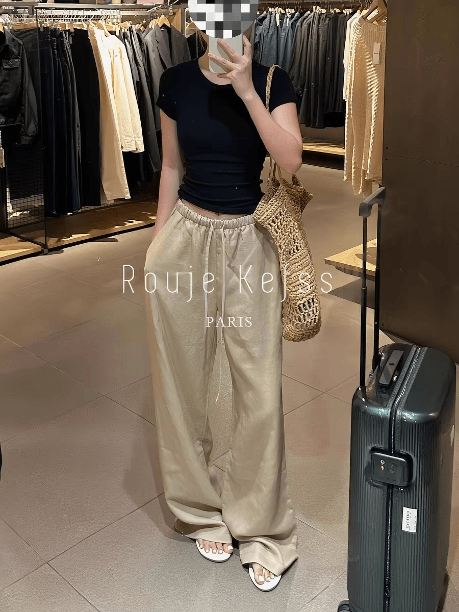 rouje kefss 프랑스식 오래된 돈 바람 주간 실크 아마 바지 아이들 여름 얇은 스타일 면 린넨 스트레이트 캐주얼 와이드 레그 팬츠 상세 이미지 5