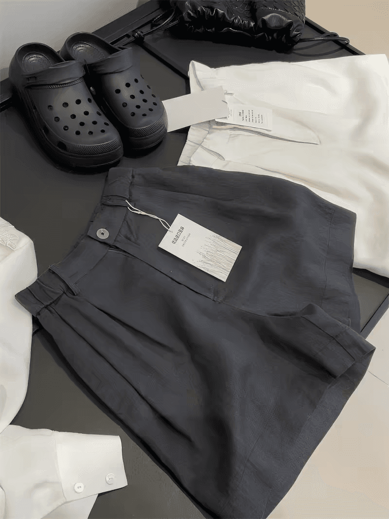 in blue 100 아마 계속하다 원하지 않는 이륙하다 느긋한 편안함 통기성 밴딩 하이웨이스트 다용도 둘 색상 반바지 이미지 3