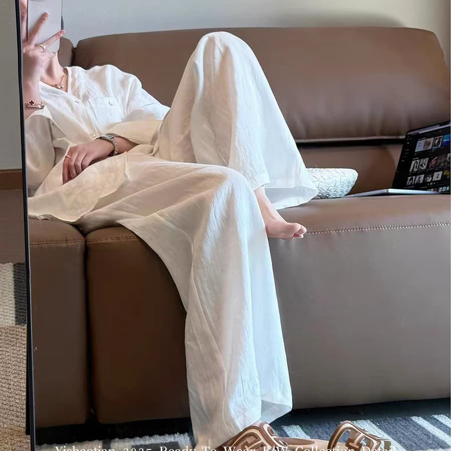 화이트 오래된 돈 바람 느긋한 센스 스트레이트 캐주얼 바지 여성 여름 새로운 루즈핏 품격 미니멀리즘 바닥 청소 얇은 스타일 와이드 레그 팬츠 이미지 5