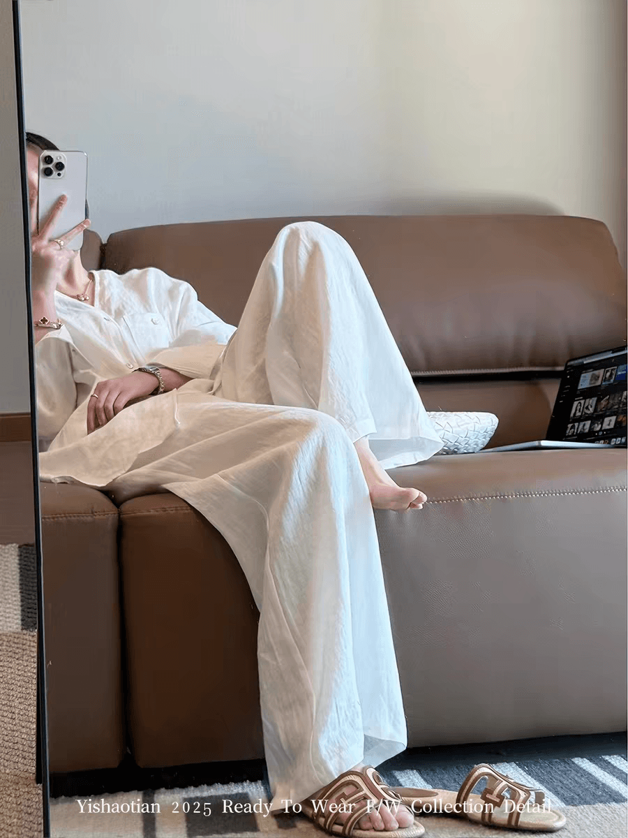 화이트 오래된 돈 바람 느긋한 센스 스트레이트 캐주얼 바지 여성 여름 새로운 루즈핏 품격 미니멀리즘 바닥 청소 얇은 스타일 와이드 레그 팬츠 상세 이미지 1