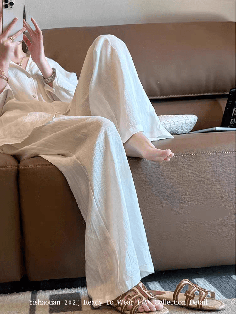 화이트 오래된 돈 바람 느긋한 센스 스트레이트 캐주얼 바지 여성 여름 새로운 루즈핏 품격 미니멀리즘 바닥 청소 얇은 스타일 와이드 레그 팬츠 상세 이미지 3