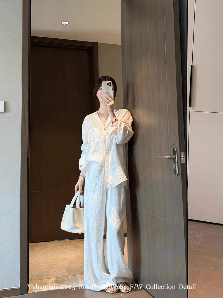 화이트 오래된 돈 바람 느긋한 센스 스트레이트 캐주얼 바지 여성 여름 새로운 루즈핏 품격 미니멀리즘 바닥 청소 얇은 스타일 와이드 레그 팬츠 상세 이미지 5