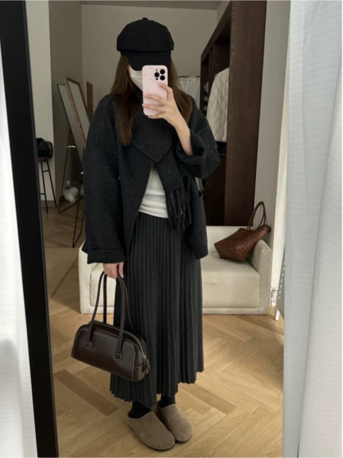 배 종류 몸 버클리 반 스커트 회색 니트 플리츠 반신 스커트 여성 봄 가을 모직 양모 롱 스커트 작은 키 상세 이미지 3