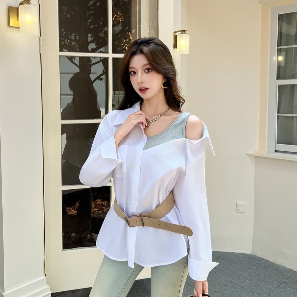실사 정가 섹시함 오프숄더 페이크 레이어드 패치워크 루즈핏 여성 셔츠 디자인 센스 작은 대중 다용도 불규칙 셔츠 이미지 6